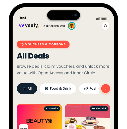 Wysely app screen showing all deals from leading retailers, in partnership with FNB.